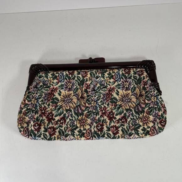 Unbranded Handbags - Vintage Lucite Frame Tapestry Clutch Purse Handbag Floral Kiss Lock Top Lined